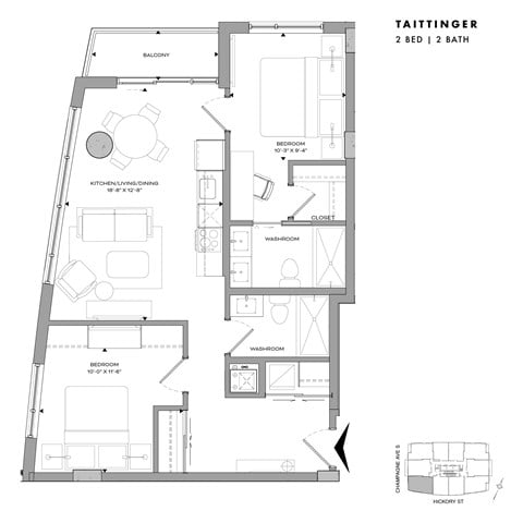 Floor plan for 2 beds, 2 baths, 822 sqft