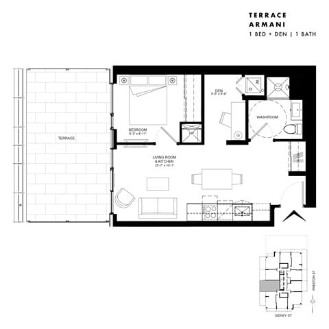 Floor plan for 1 bed, 1 bath, 542 sqft