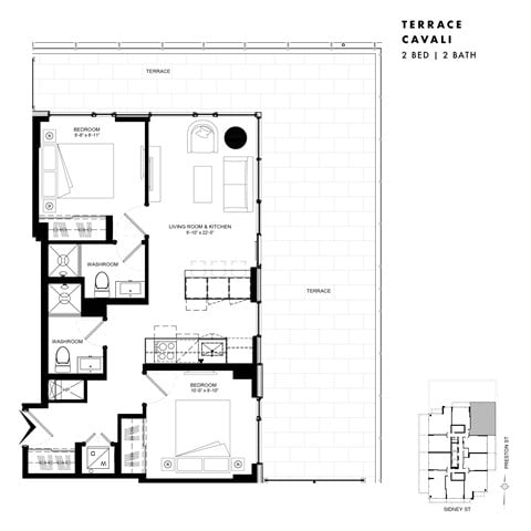 Floor plan for 2 beds, 2 baths, 676 sqft