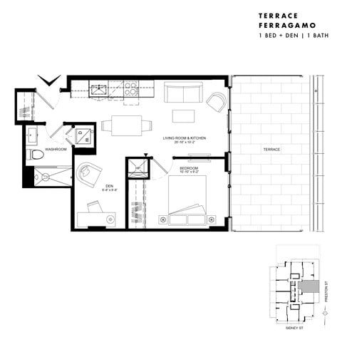 Floor plan for 1 bed, 1 bath, 535 sqft