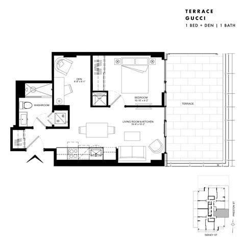 Floor plan for 1 bed, 1 bath, 527 sqft