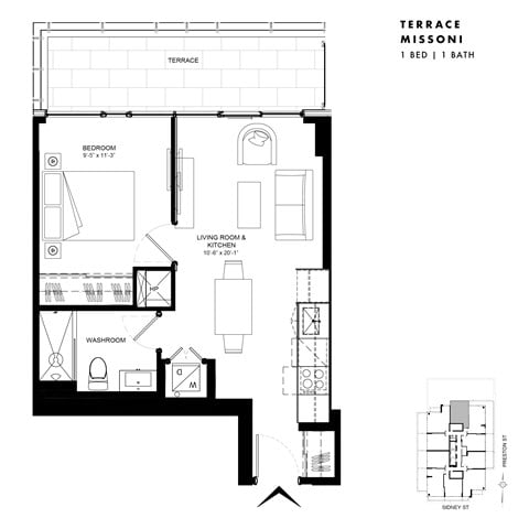 Floor plan for 1 bed, 1 bath, 500 sqft