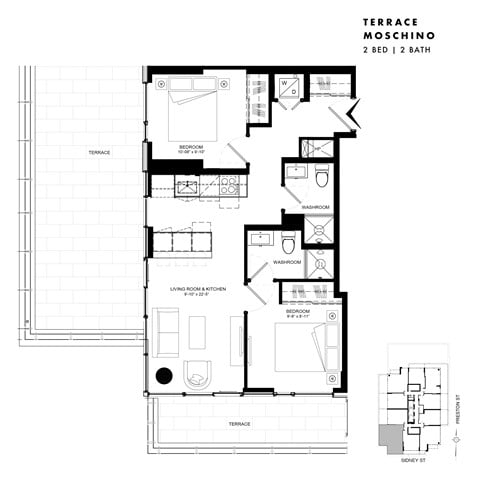 Floor plan for 2 beds, 2 baths, 675 sqft