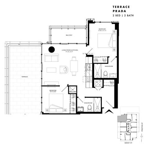 Floor plan for 2 beds, 2 baths, 753 sqft