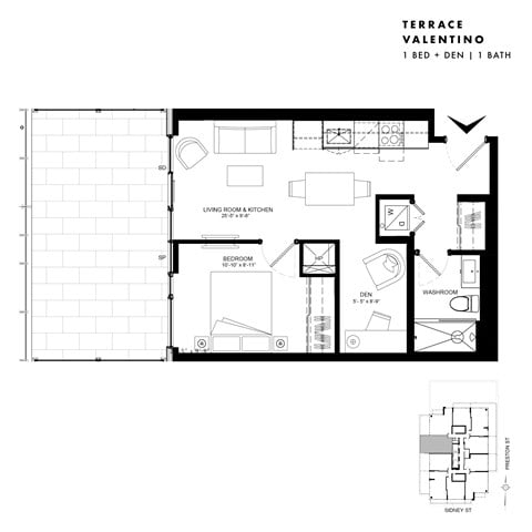 Floor plan for 1 bed, 1 bath, 544 sqft