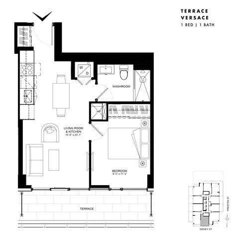 Floor plan for 1 bed, 1 bath, 500 sqft