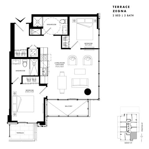 Floor plan for 2 beds, 2 baths, 753 sqft