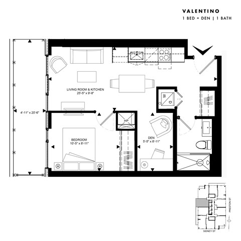 Floor plan for 1 bed, 1 bath, 544 sqft