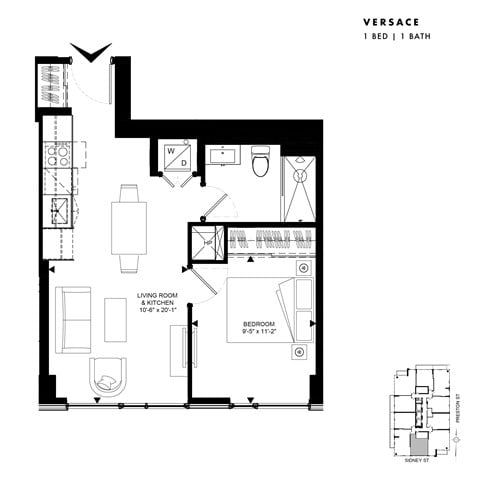 Floor plan for 1 bed, 1 bath, 500 sqft