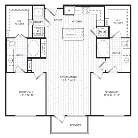 Floor plan for 2 beds, 2 baths, 1152 sqft
