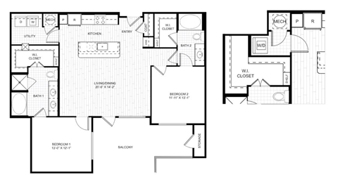 Floor plan for 2 beds, 2 baths, 1144 sqft