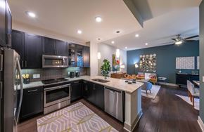 Richardson apartment for rent - A modern kitchen with dark wood cabinets and stainless steel appliances.