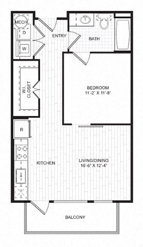 Floor plan for 1 bed, 1 bath, 585 sqft