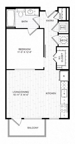 Floor plan for 1 bed, 1 bath, 619 sqft