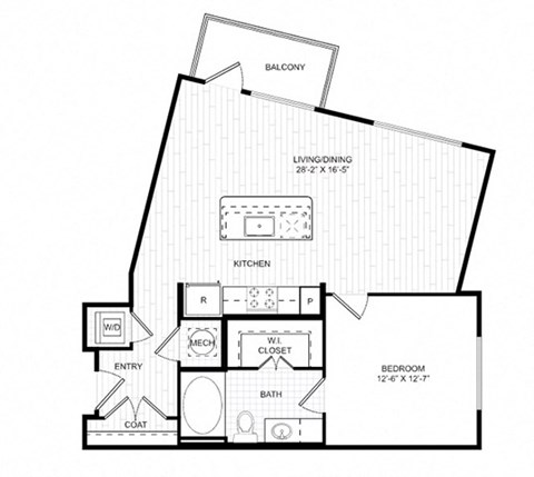 Floor plan for 1 bed, 1 bath, 793 sqft