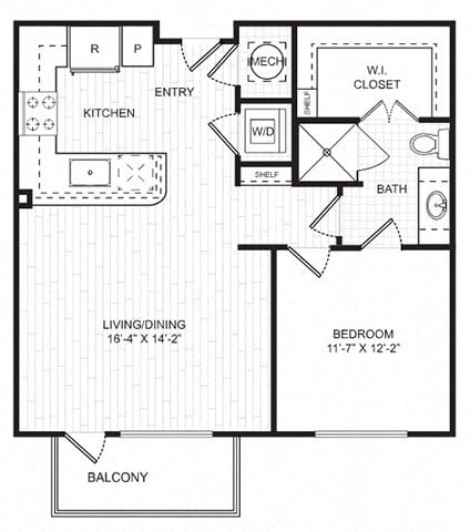 Floor plan for 1 bed, 1 bath, 730 sqft