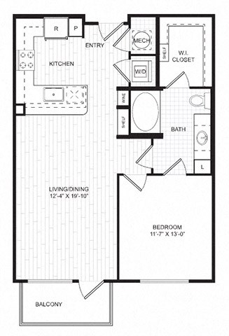 Floor plan for 1 bed, 1 bath, 760 sqft