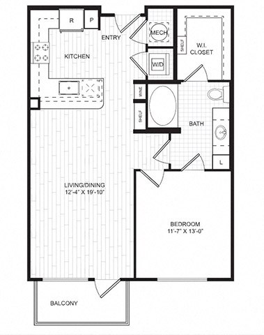 Floor plan for 1 bed, 1 bath, 656 sqft