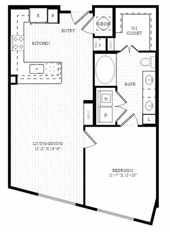Floor plan for 1 bed, 1 bath, 761 sqft