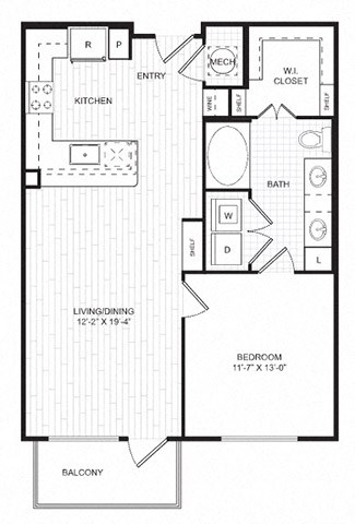 Floor plan for 1 bed, 1 bath, 760 sqft