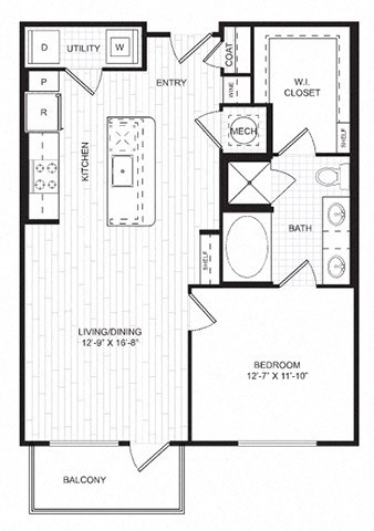 Floor plan for 1 bed, 1 bath, 792 sqft