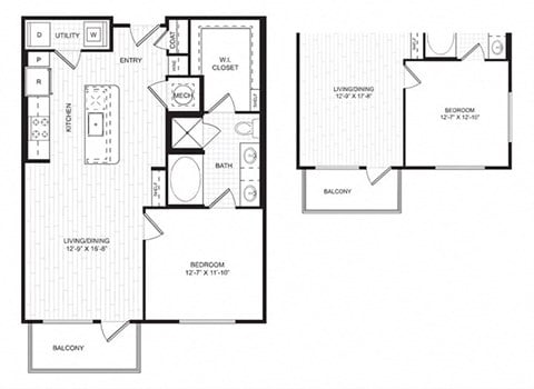 Floor plan for 1 bed, 1 bath, 947 sqft