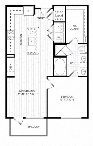 Floor plan for 1 bed, 1 bath, 785 sqft