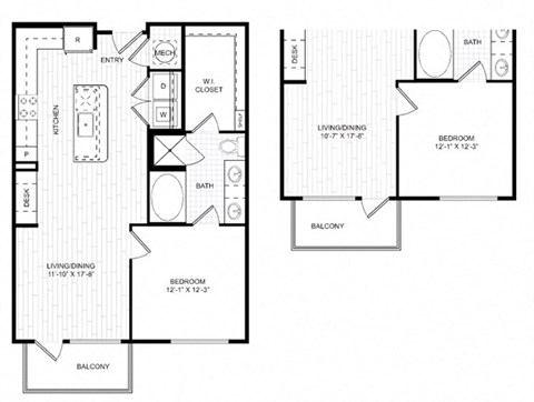 Floor plan for 1 bed, 1 bath, 772 sqft
