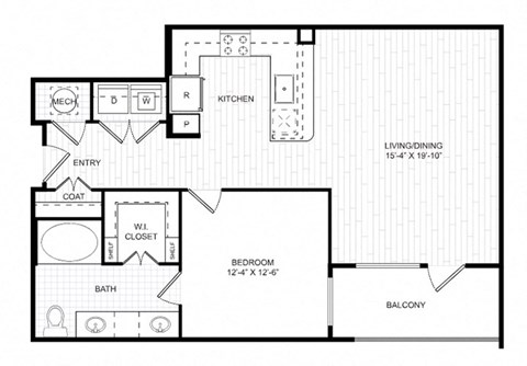 Floor plan for 1 bed, 1 bath, 859 sqft
