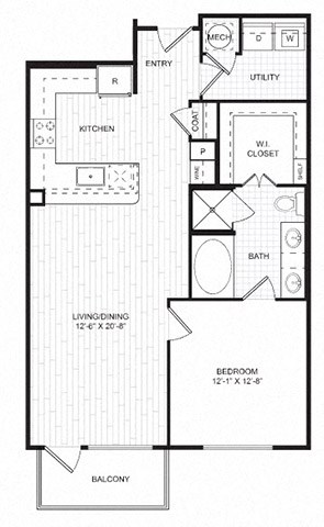 Floor plan for 1 bed, 1 bath, 841 sqft