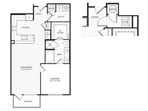 Floor plan for 1 bed, 1 bath, 714 sqft