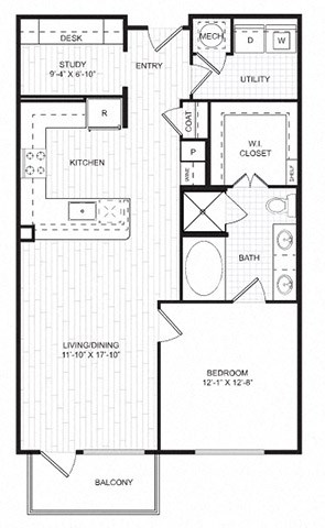 Floor plan for 1 bed, 1 bath, 880 sqft