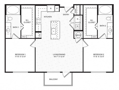 Floor plan for 2 beds, 2 baths, 1093 sqft
