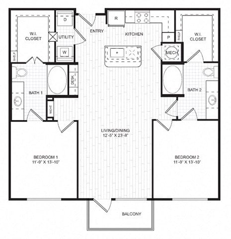 Floor plan for 2 beds, 2 baths, 1180 sqft
