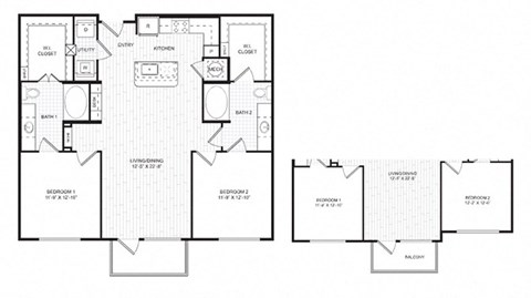 Floor plan for 2 beds, 2.5 baths, 1128 sqft