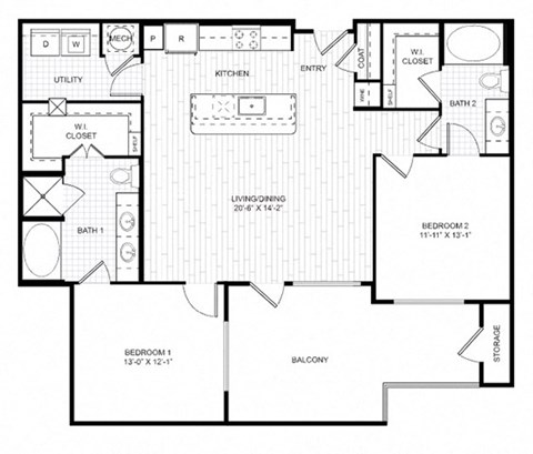 Floor plan for 2 beds, 2 baths, 1201 sqft