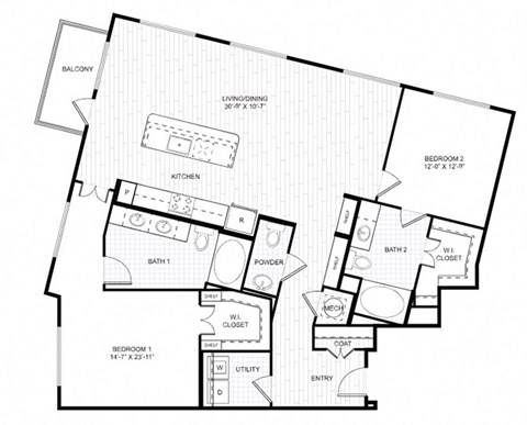 Floor plan for 2 beds, 2.5 baths, 1470 sqft