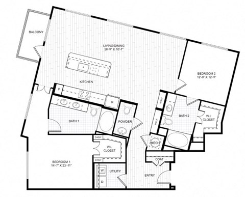 Floor plan for 2 beds, 2.5 baths, 1470 sqft