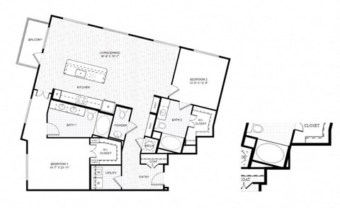 Floor plan for 2 beds, 2.5 baths, 1457 sqft