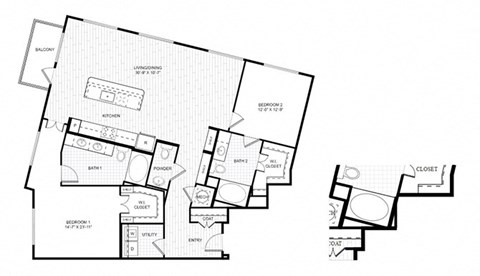Floor plan for 2 beds, 2 baths, 1196 sqft