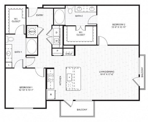 Floor plan for 2 beds, 2 baths, 1328 sqft