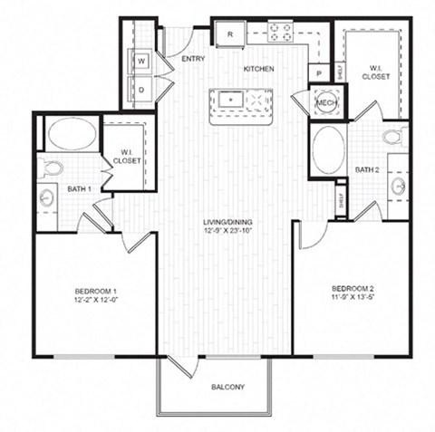 Floor plan for 2 beds, 2 baths, 1130 sqft