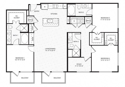 Floor plan for 3 beds, 3 baths, 1576 sqft