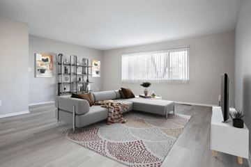 Oak Park apartment for rent - A living room with a grey sofa and a patterned rug.