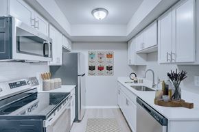 Ann Arbor apartment for rent - A modern kitchen with white cabinets and stainless steel appliances.