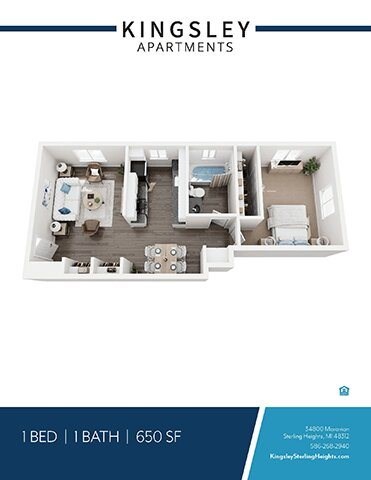 Floor plan for 1 bed, 1 bath, 650 sqft