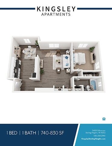 Floor plan for 1 bed, 1 bath, 785 sqft