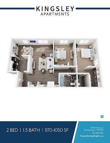 Floor plan for 2 beds, 1.5 baths, 1050 sqft