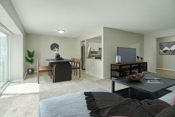 Southfield apartment for rent - A modern living room with a black couch and a television.