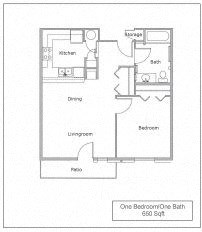 Floor plan for 1 bed, 1 bath, 585 sqft